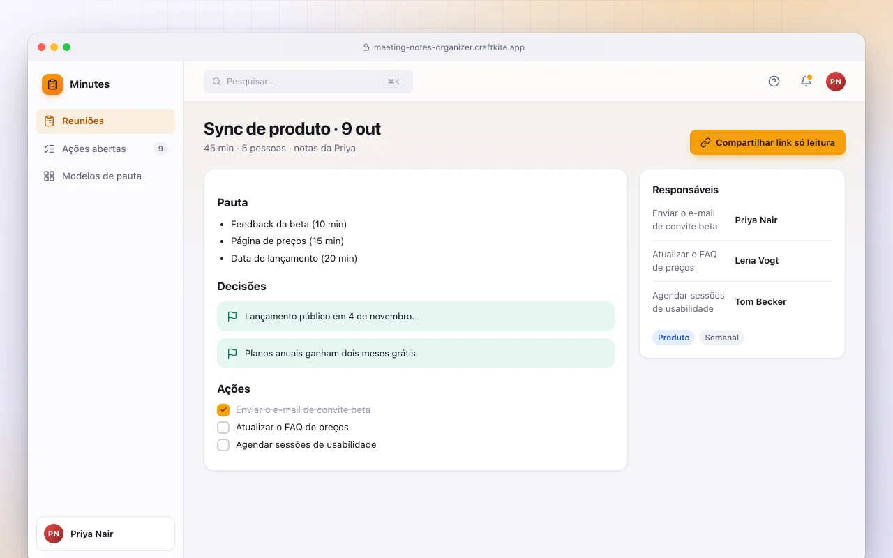 Organizador de atas de reunião: a tela Sync de produto · 9 out