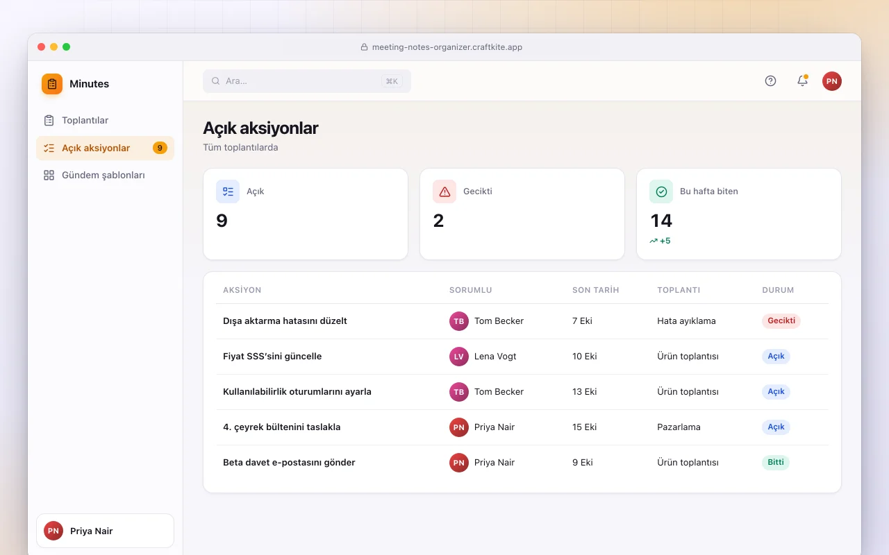 Toplantı notları düzenleyici: Açık aksiyonlar ekranı