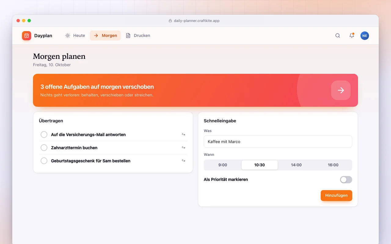 Tagesplaner: der Bildschirm „Morgen planen“