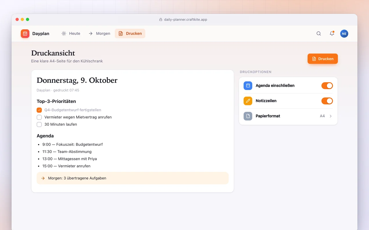 Tagesplaner: der Bildschirm „Druckansicht“
