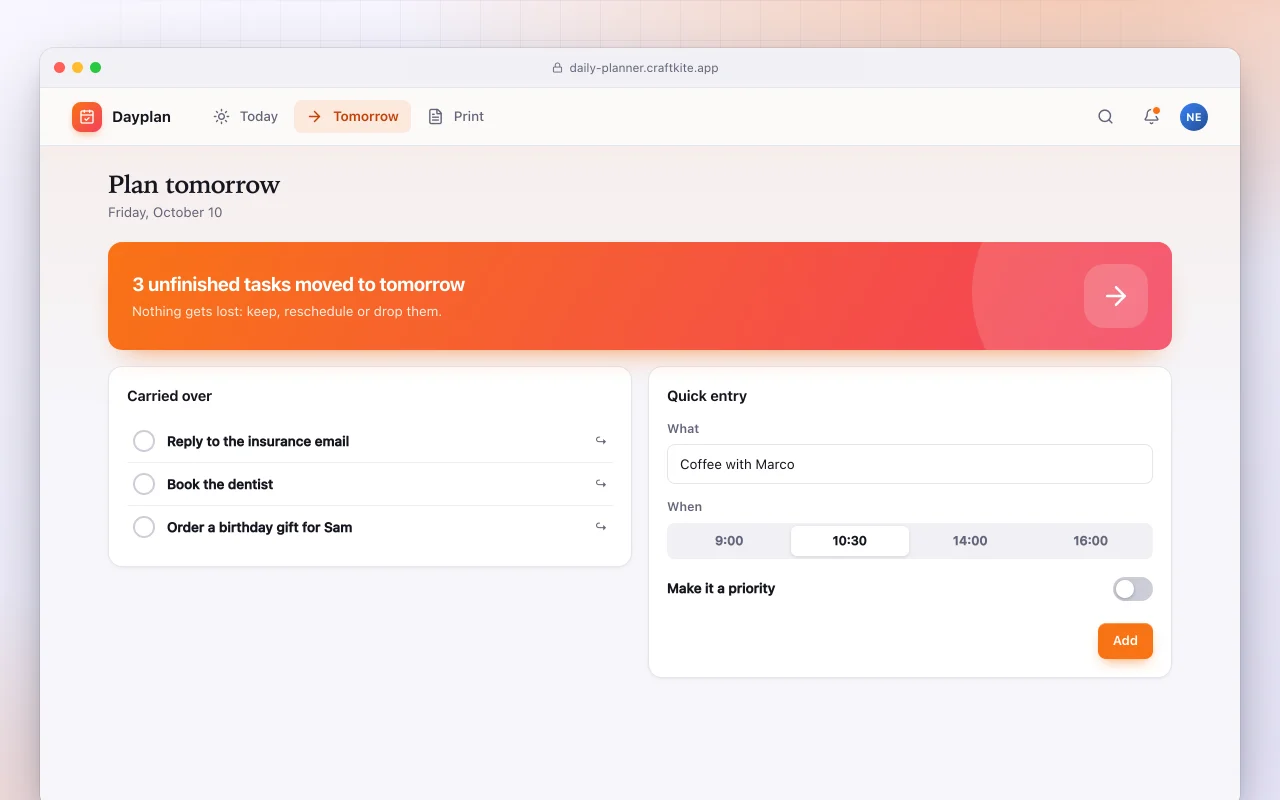 Daily planner: the Plan tomorrow screen