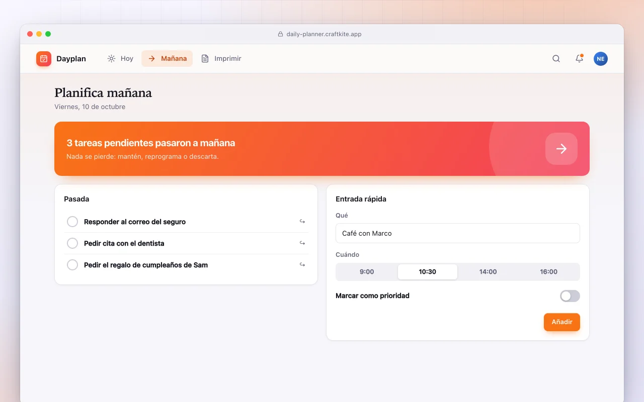 Agenda diaria: la pantalla Planifica mañana