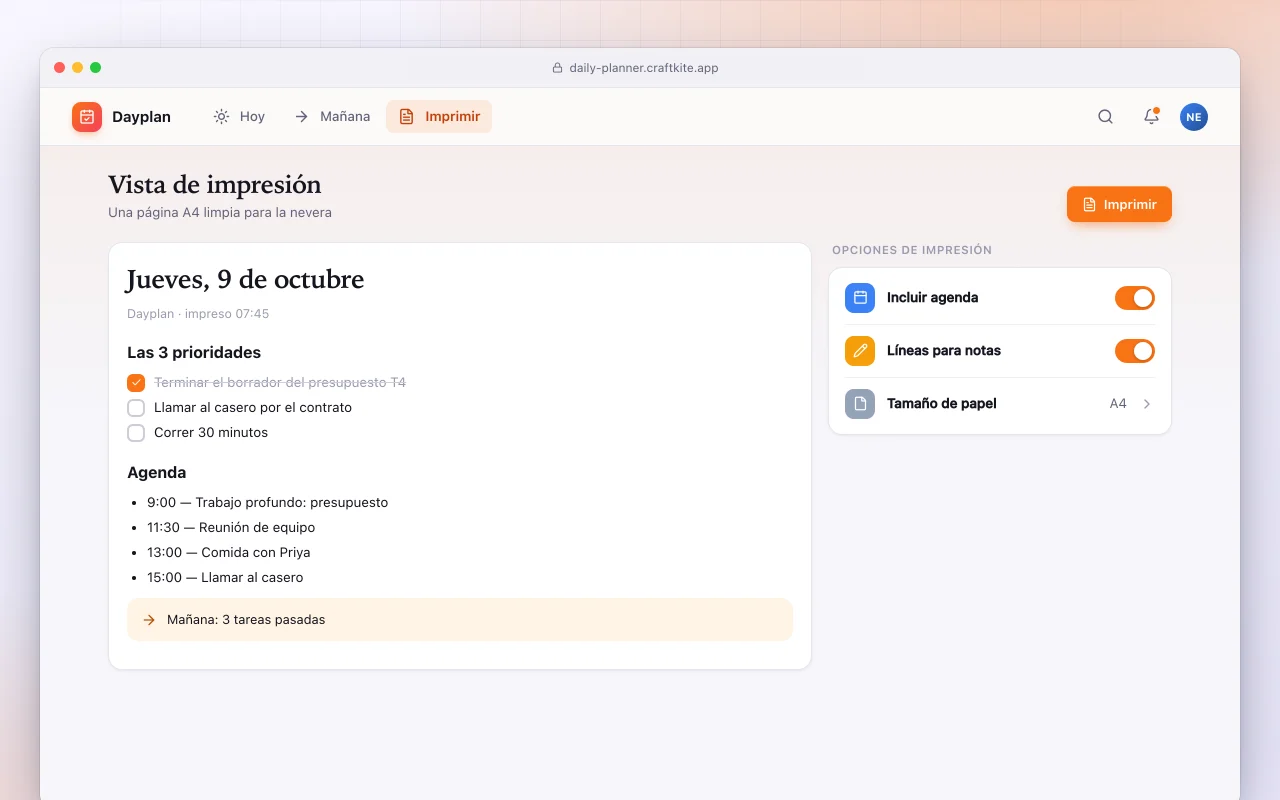 Agenda diaria: la pantalla Vista de impresión