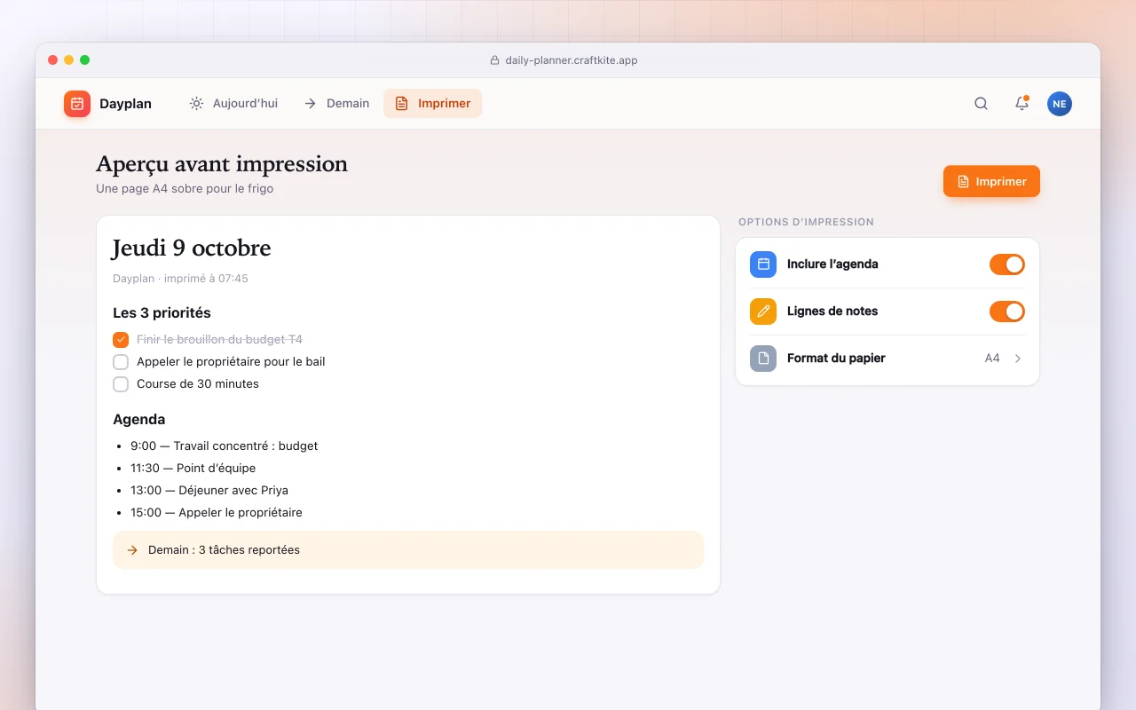 Agenda du jour : l’écran Aperçu avant impression