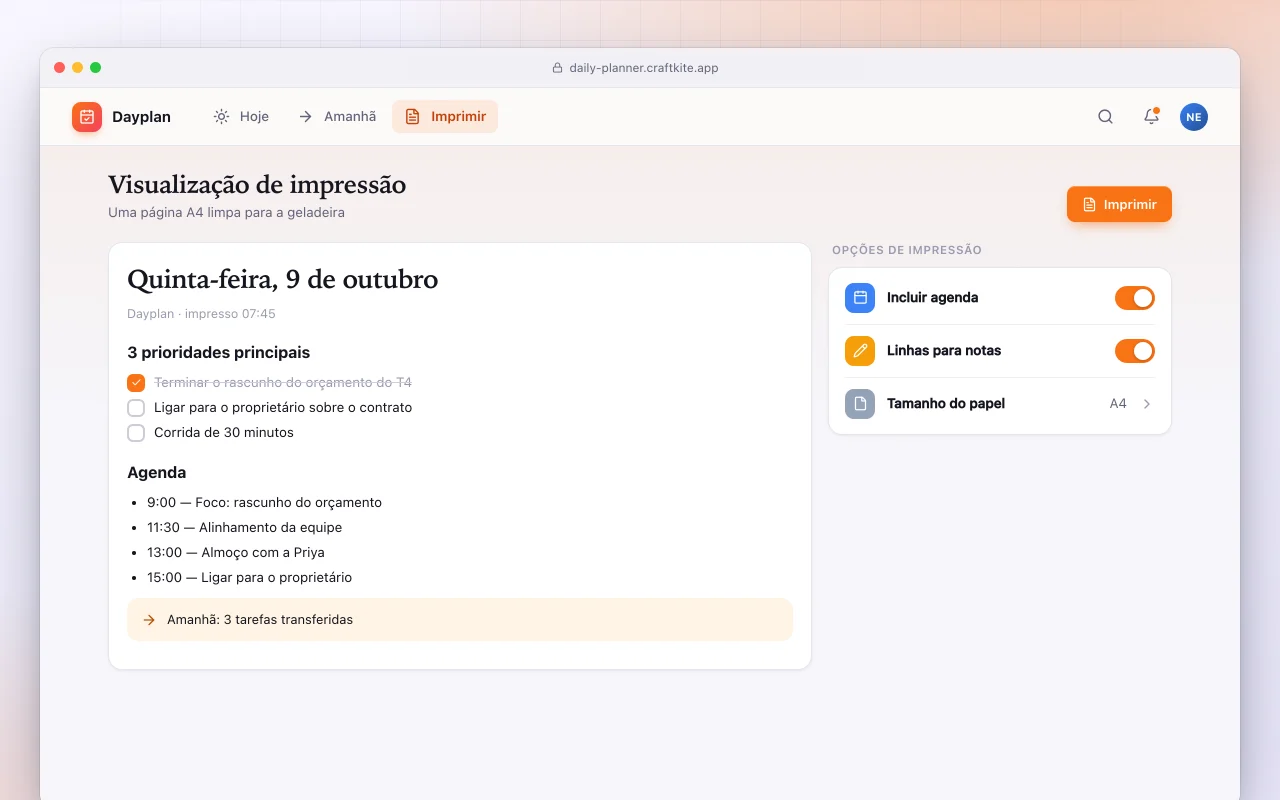 Planejador diário: a tela Visualização de impressão