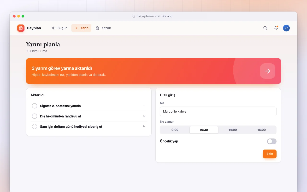 Günlük planlayıcı: Yarını planla ekranı