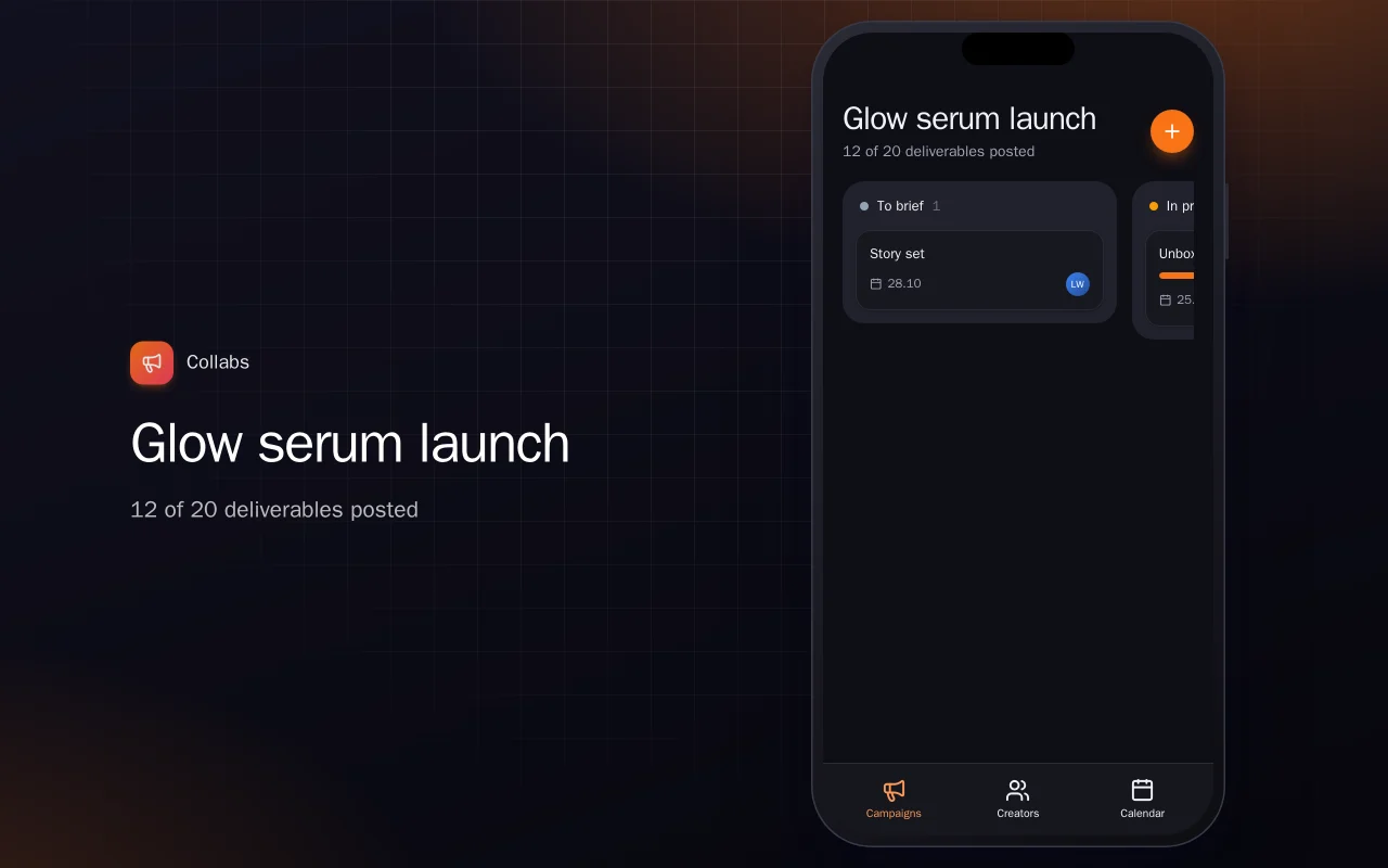 Influencer campaign tracker: the Glow serum launch screen
