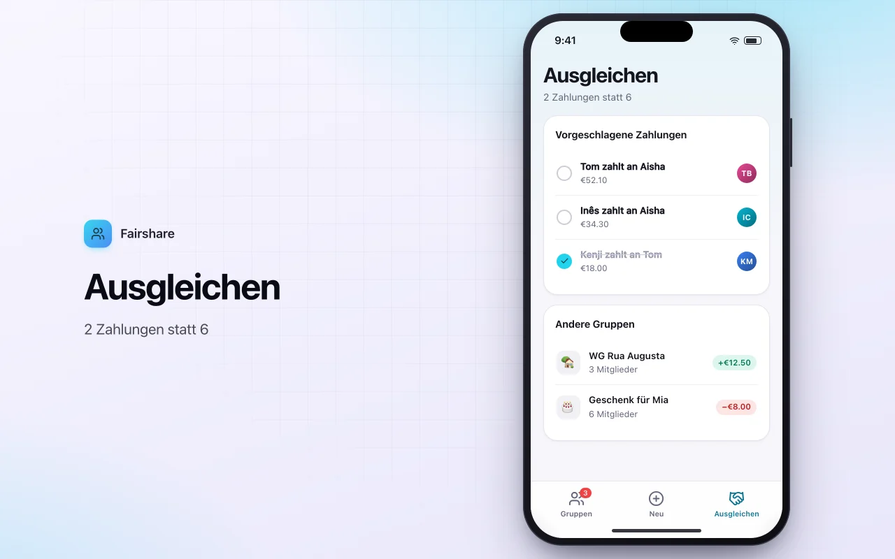 Rechnungen mit Freunden teilen: der Bildschirm „Ausgleichen“