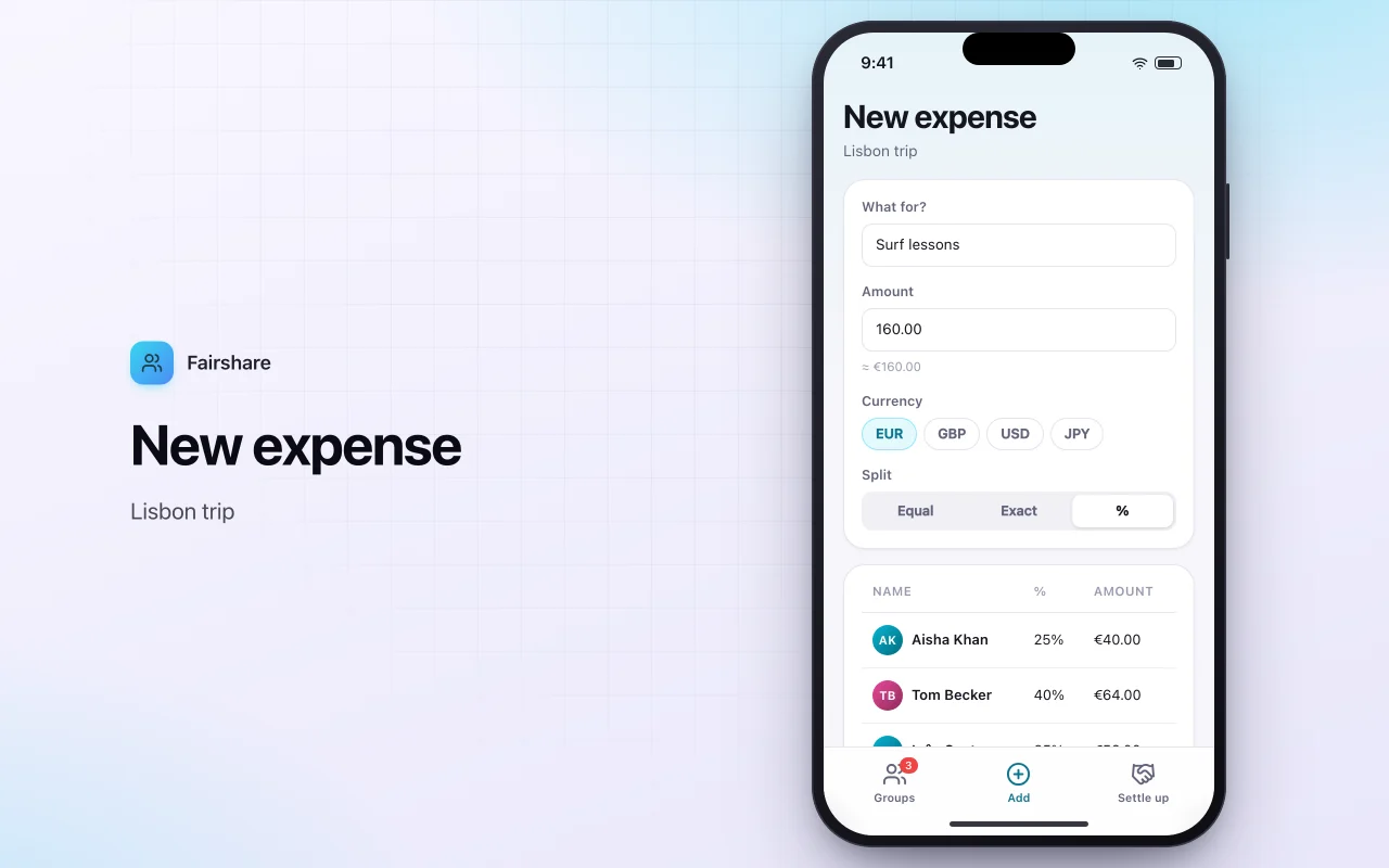 Split bills with friends: the New expense screen