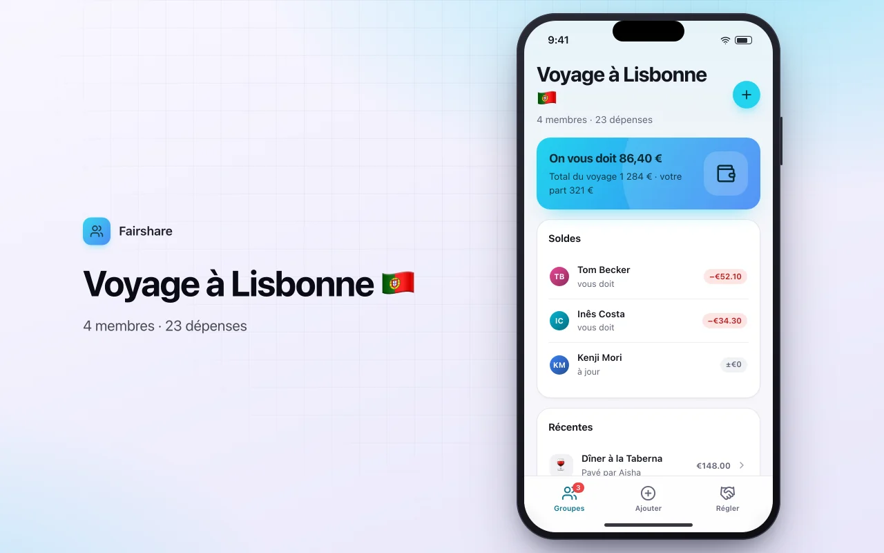 Partage de dépenses entre amis : l’écran Voyage à Lisbonne 🇵🇹