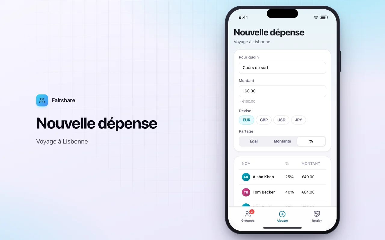Partage de dépenses entre amis : l’écran Nouvelle dépense
