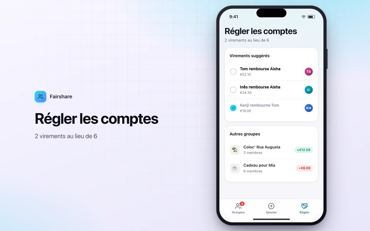 Partage de dépenses entre amis : l’écran Régler les comptes