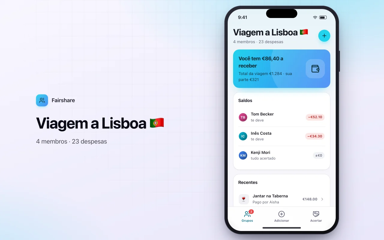 Divida contas com amigos: a tela Viagem a Lisboa 🇵🇹