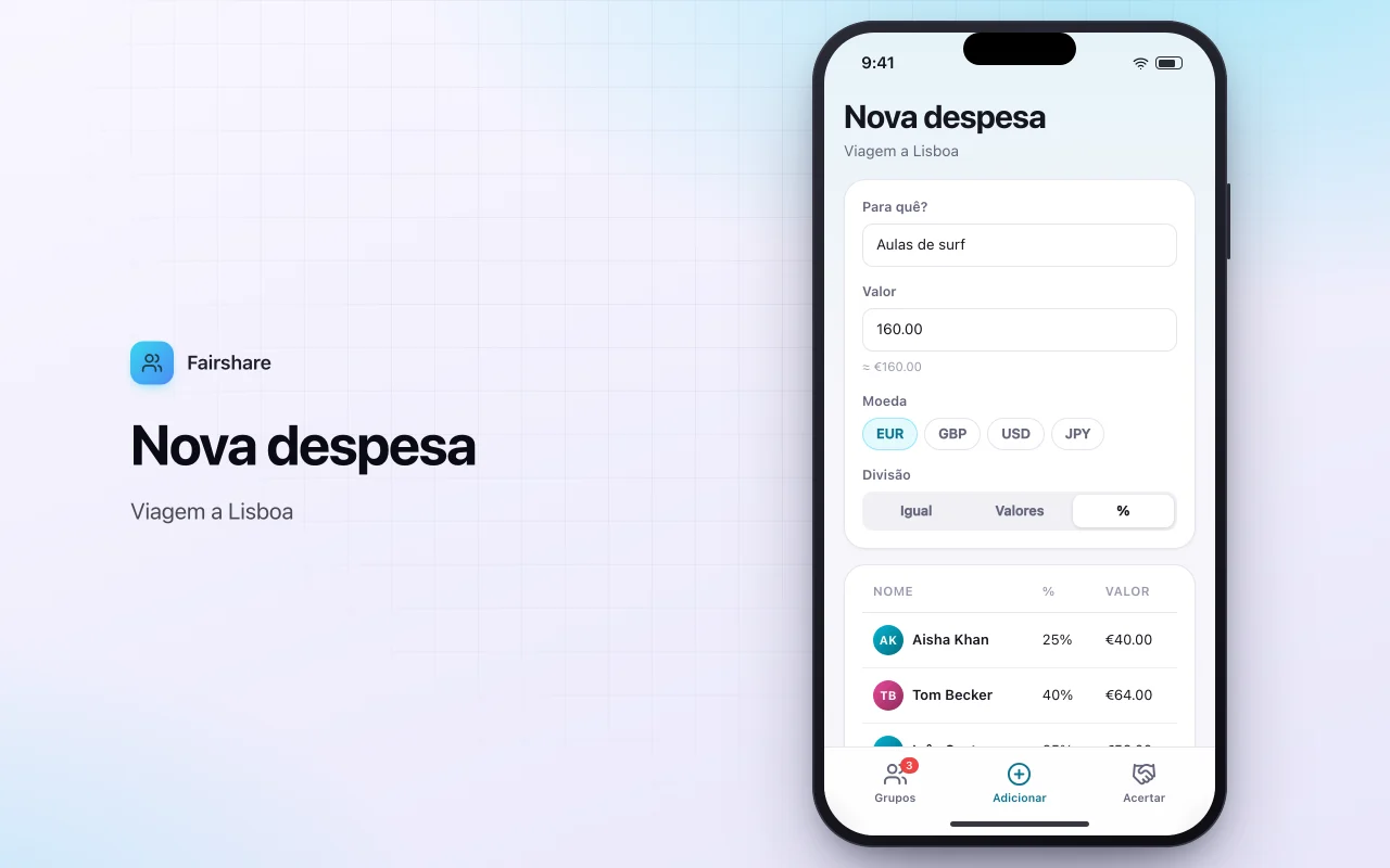 Divida contas com amigos: a tela Nova despesa