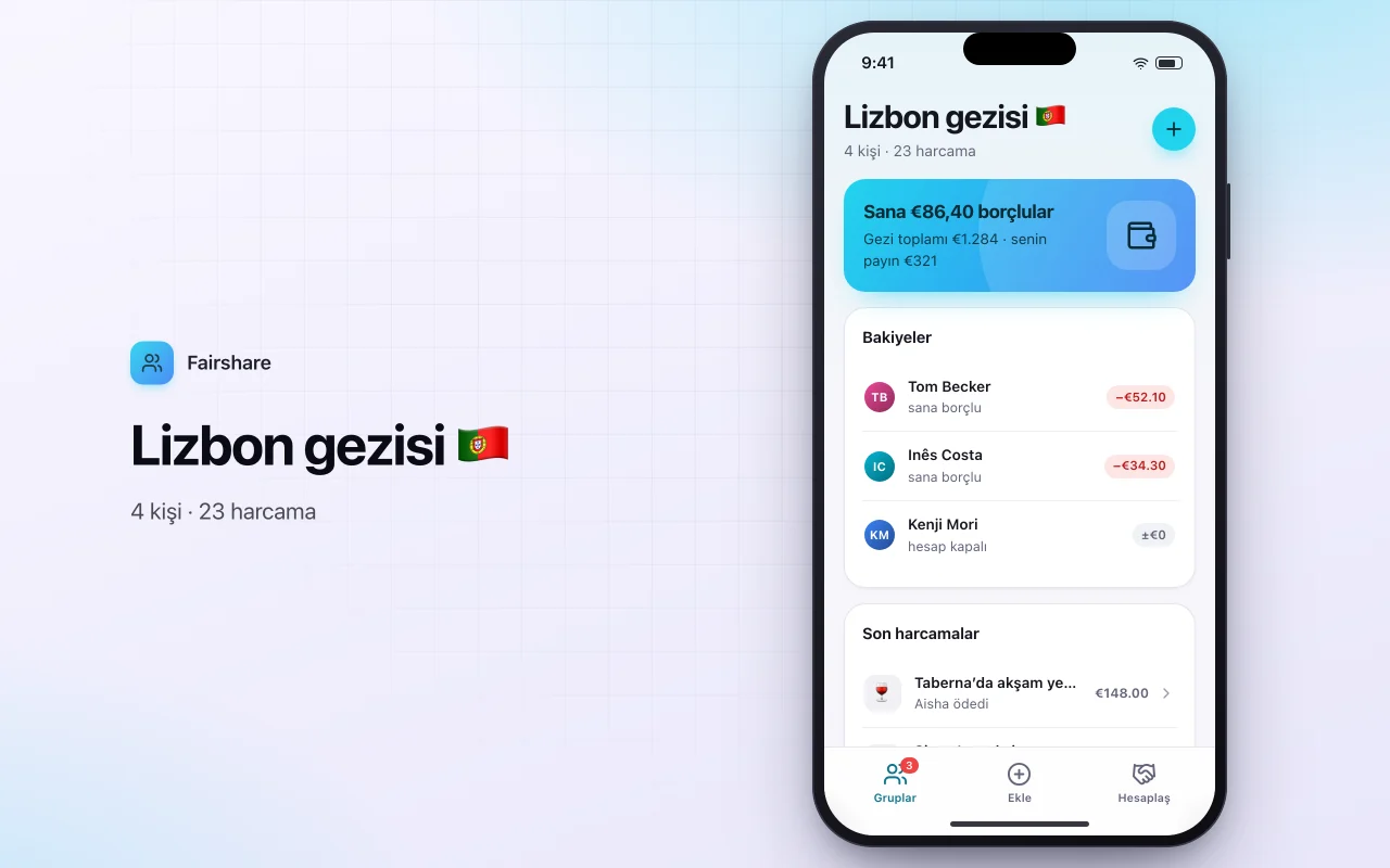 Arkadaşlarla hesap bölüşme: Lizbon gezisi 🇵🇹 ekranı