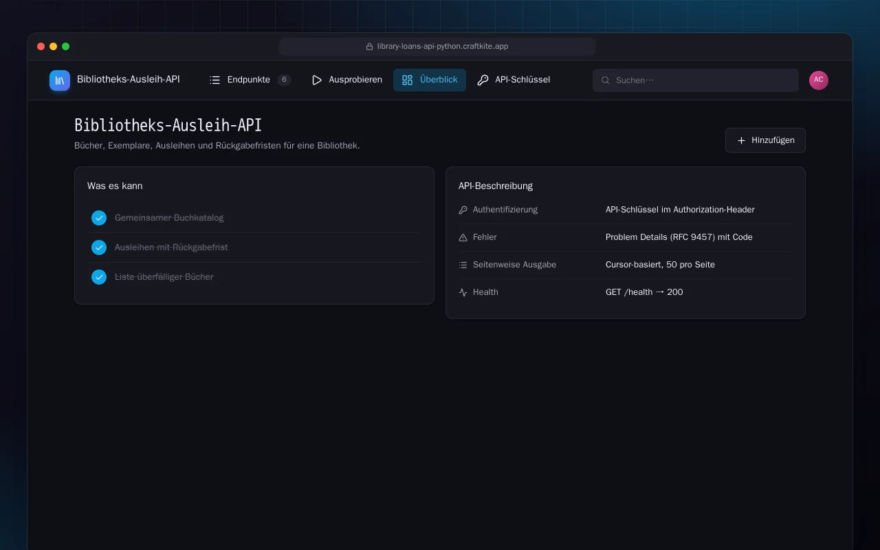 Bibliotheks-Ausleih-API (Python): der Bildschirm „Bibliotheks-Ausleih-API“