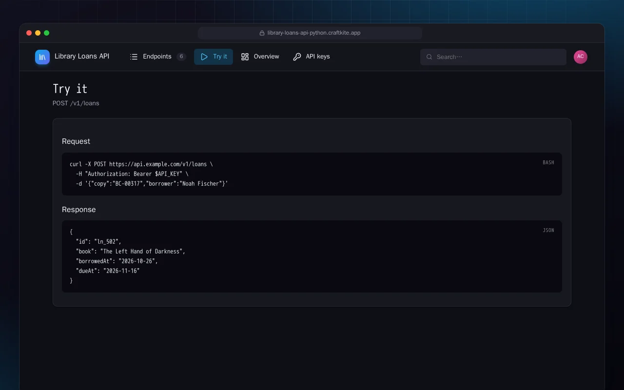 Library Loans API (Python): the Try it screen