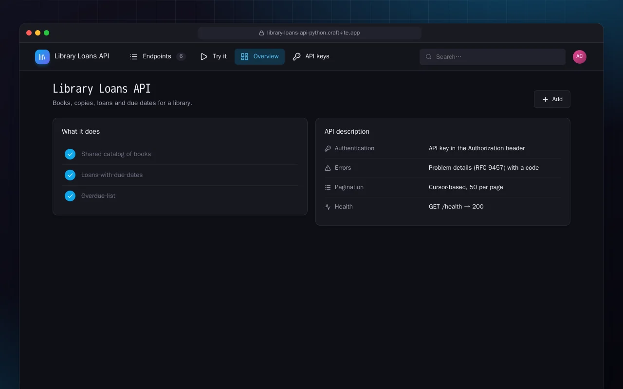 Library Loans API (Python): the Library Loans API screen