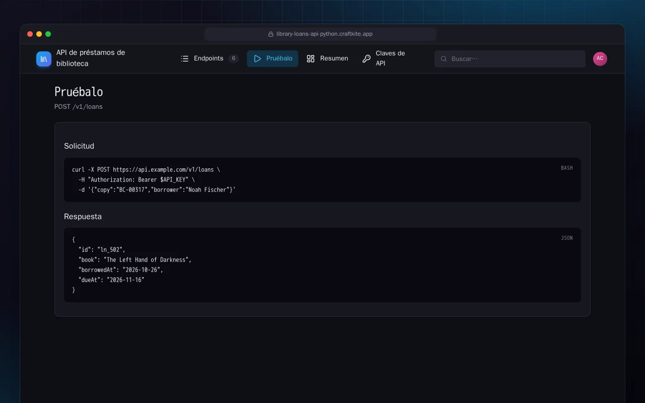 API de préstamos de biblioteca (Python): la pantalla Pruébalo