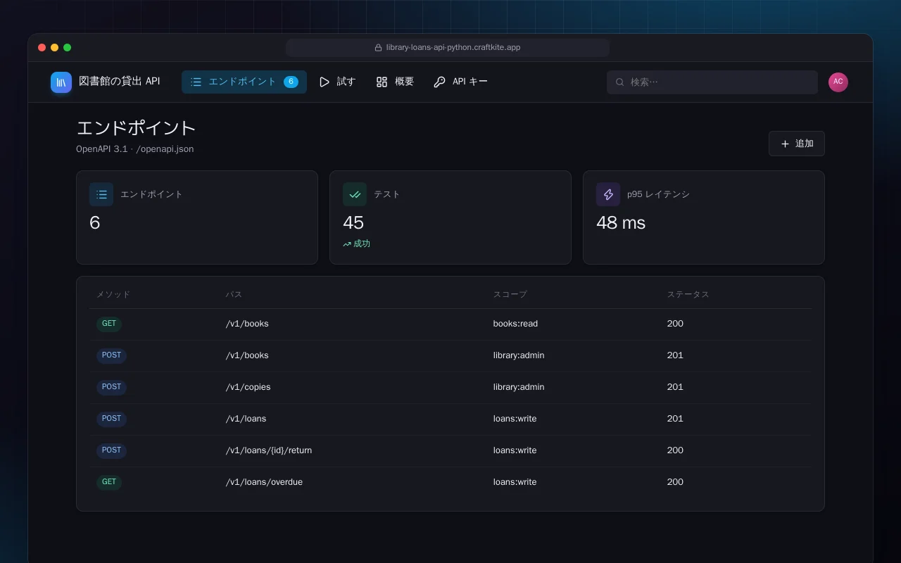 図書館の貸出 API（Python）：エンドポイント画面