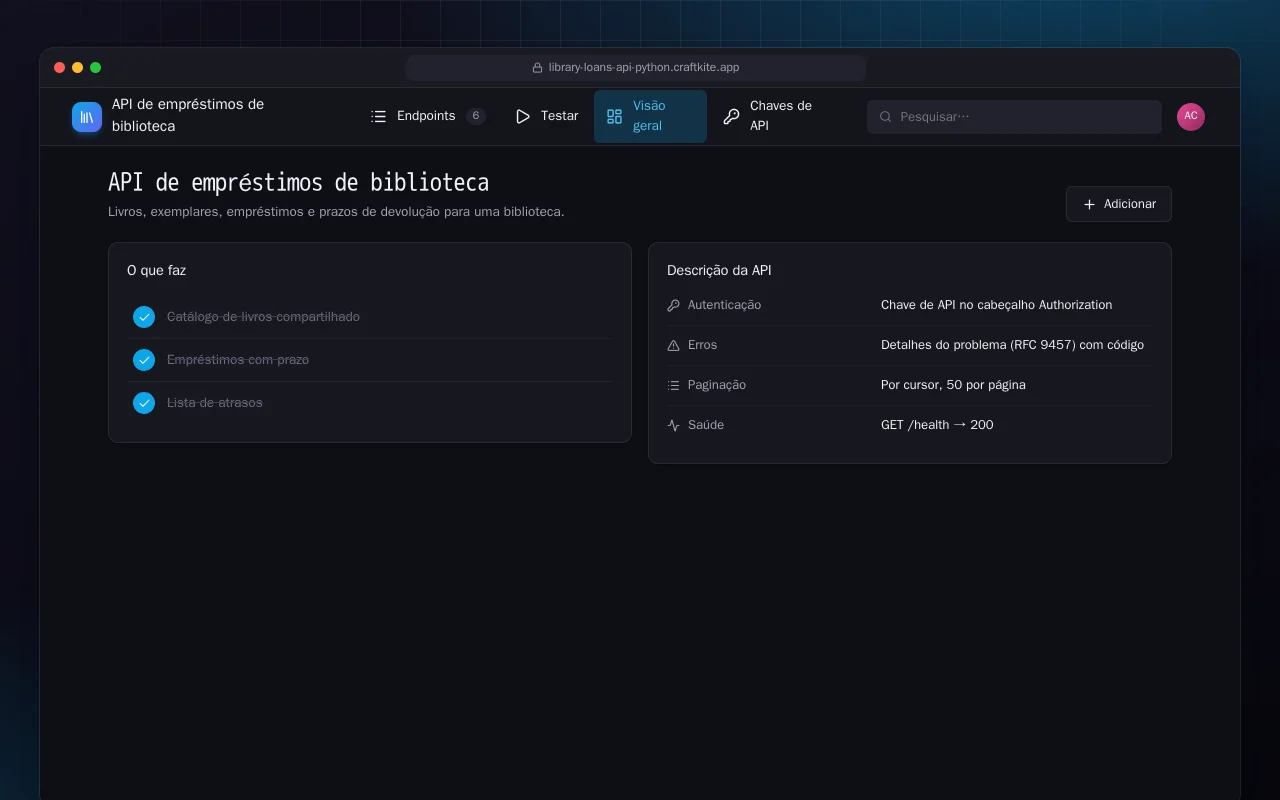 API de empréstimos de biblioteca (Python): a tela API de empréstimos de biblioteca