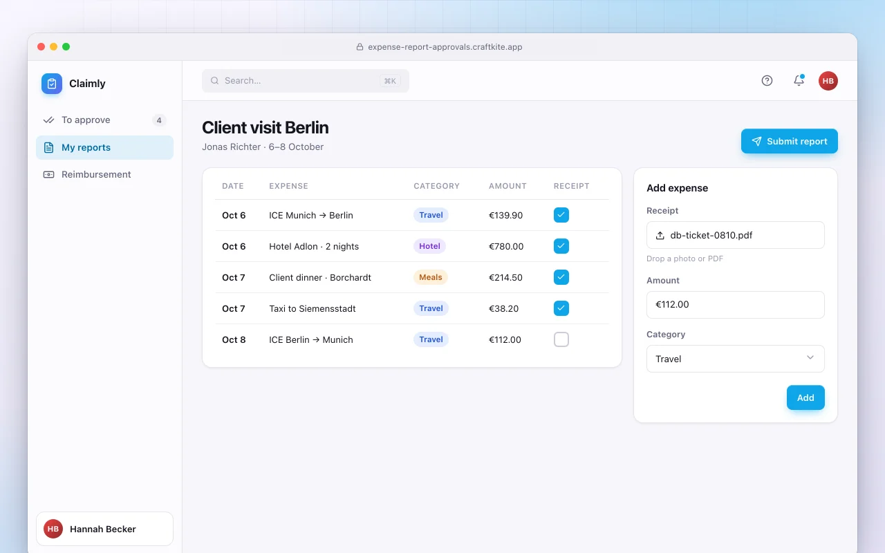 Expense reports and approvals: the Client visit Berlin screen