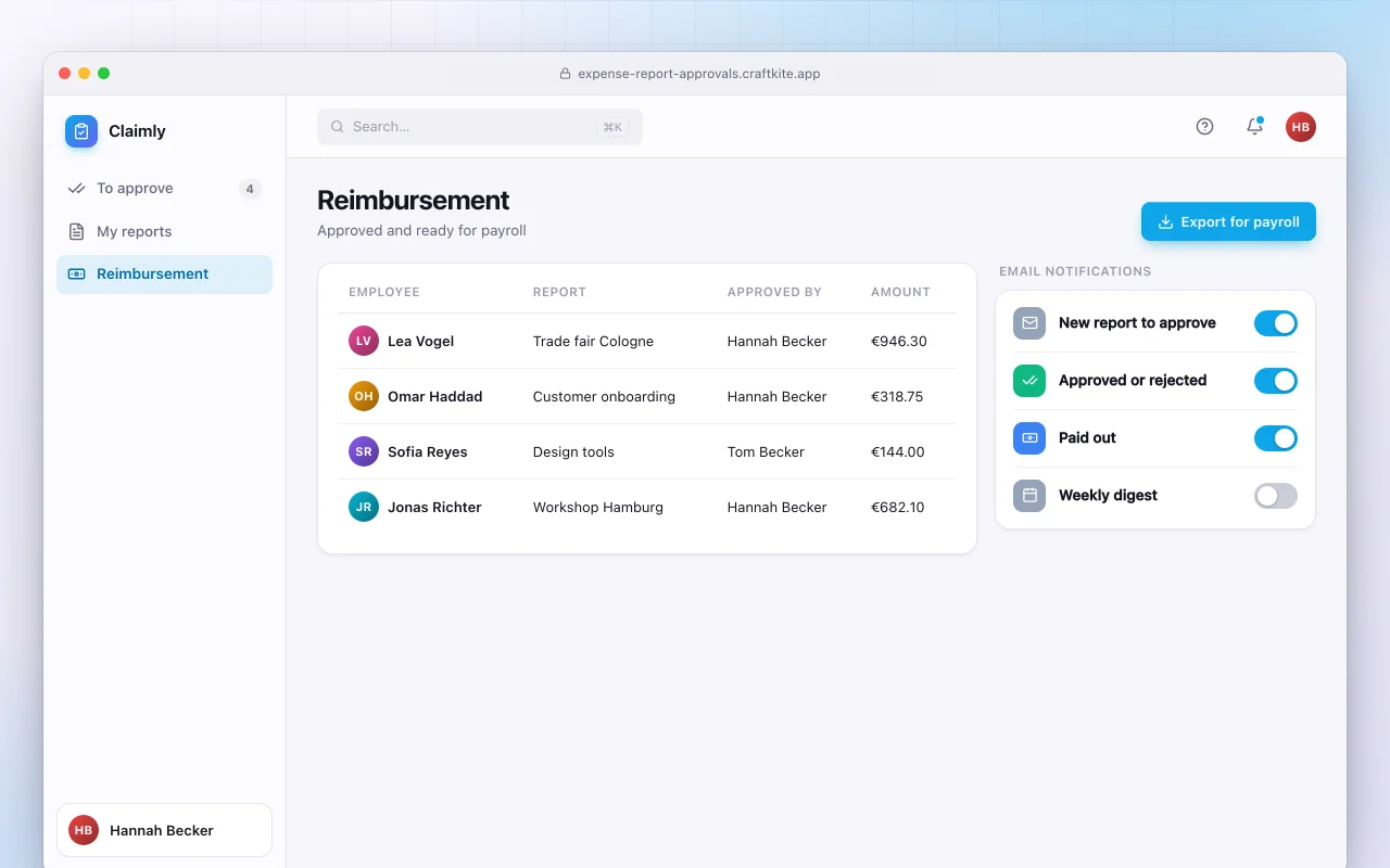 Expense reports and approvals: the Reimbursement screen