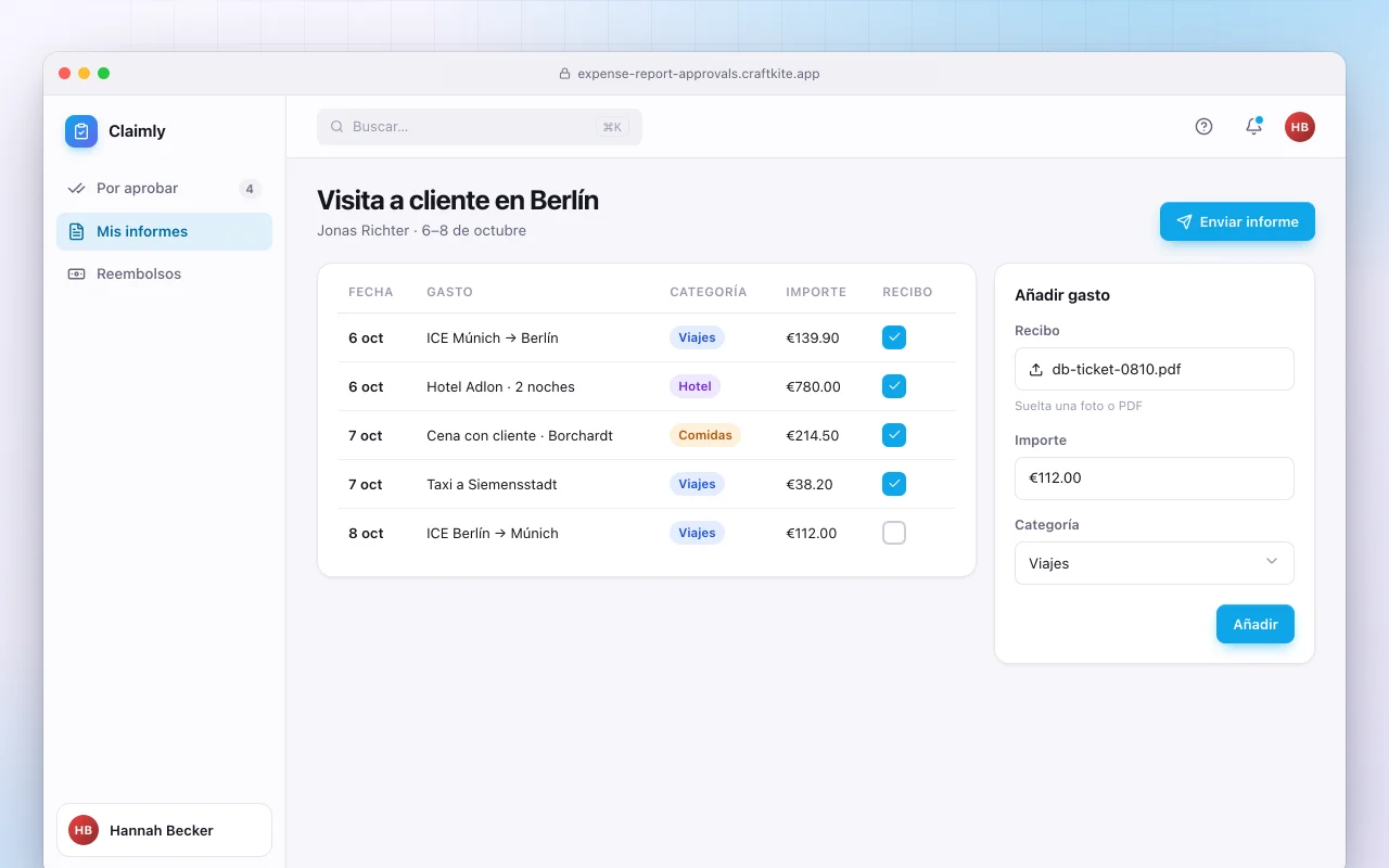 Informes de gastos y aprobaciones: la pantalla Visita a cliente en Berlín
