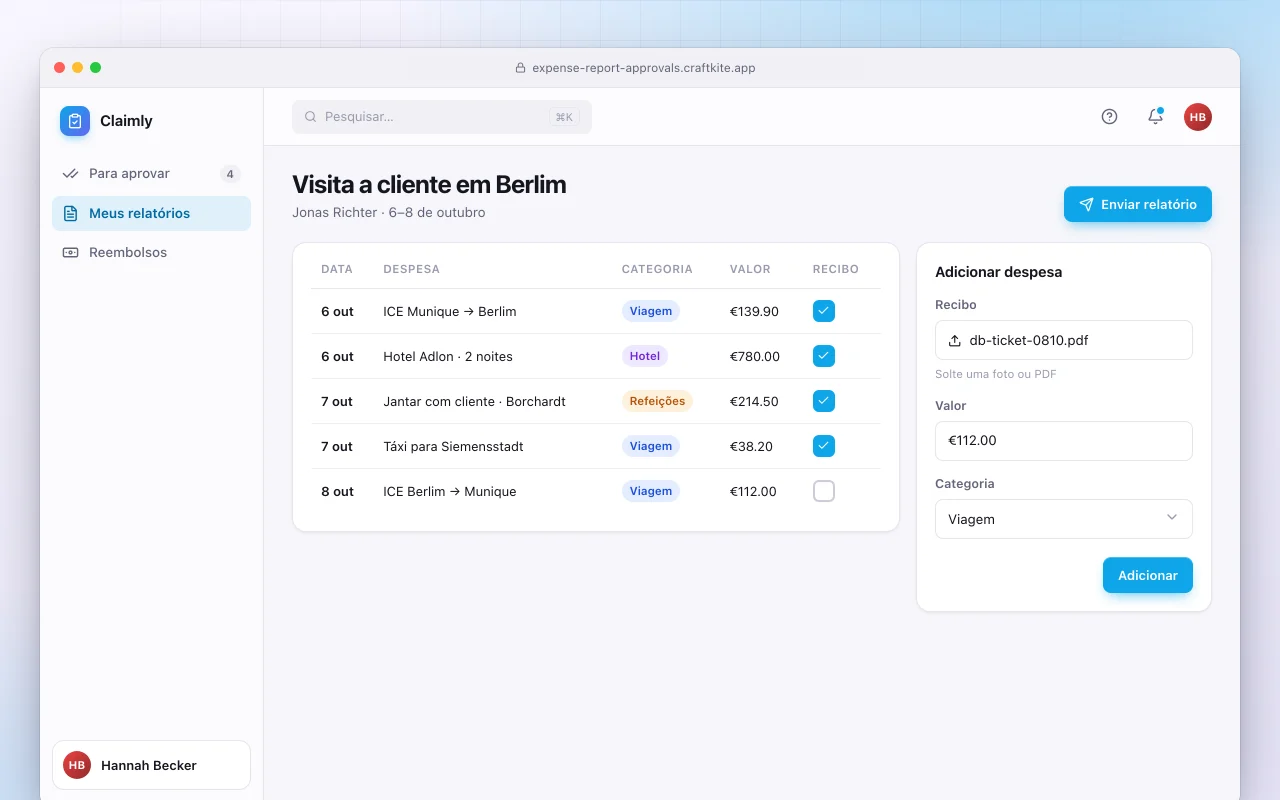 Relatórios de despesas e aprovações: a tela Visita a cliente em Berlim