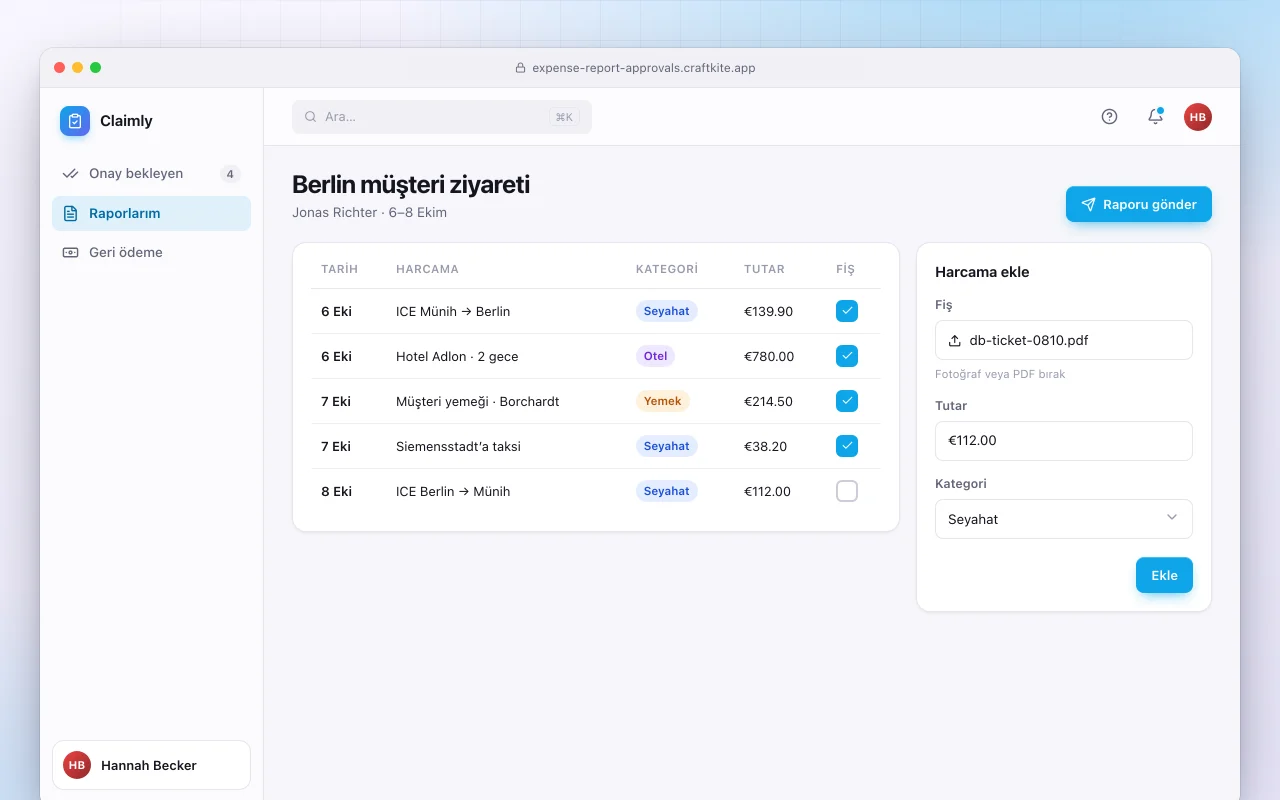 Masraf raporları ve onaylar: Berlin müşteri ziyareti ekranı