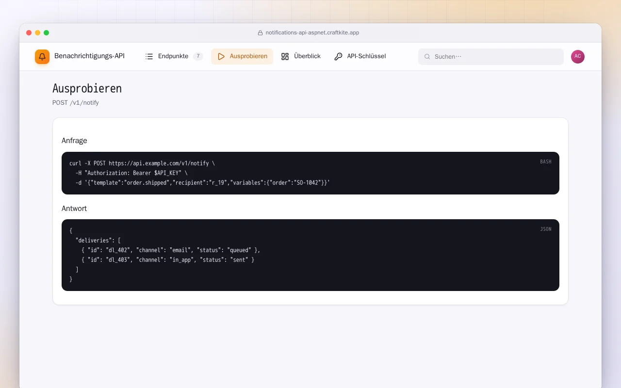 Benachrichtigungs-API (ASP.NET Core): der Bildschirm „Ausprobieren“