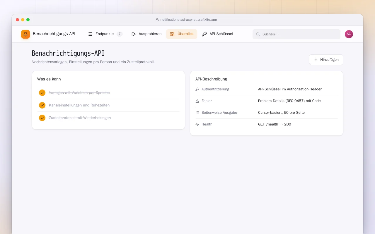 Benachrichtigungs-API (ASP.NET Core): der Bildschirm „Benachrichtigungs-API“