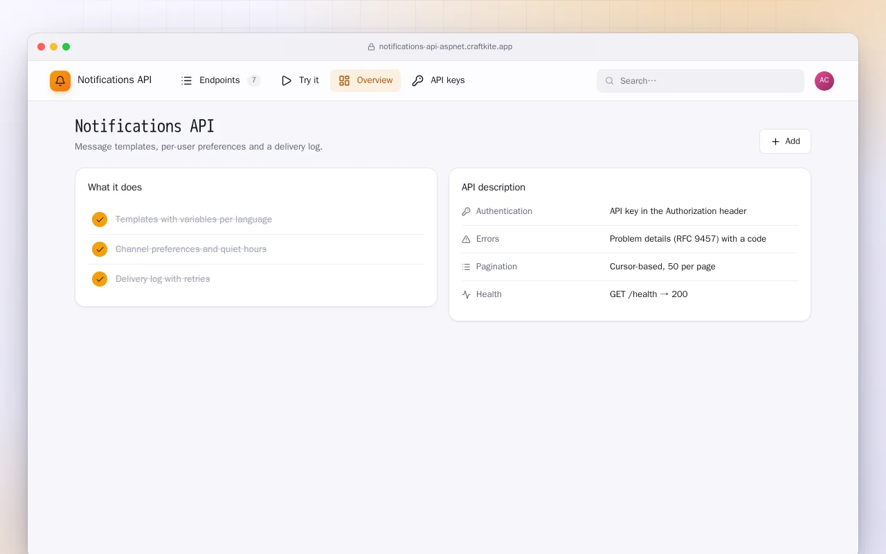 Notifications API (ASP.NET Core): the Notifications API screen