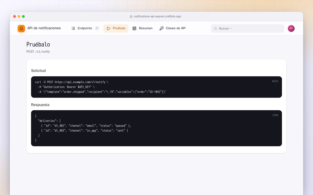 API de notificaciones (ASP.NET Core): la pantalla Pruébalo