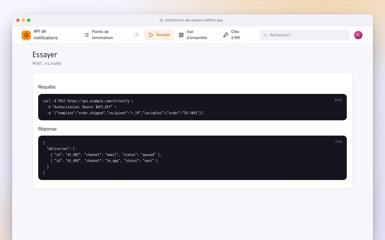 API de notifications (ASP.NET Core) : l’écran Essayer