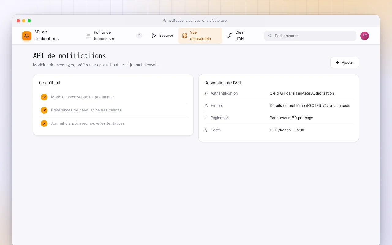 API de notifications (ASP.NET Core) : l’écran API de notifications