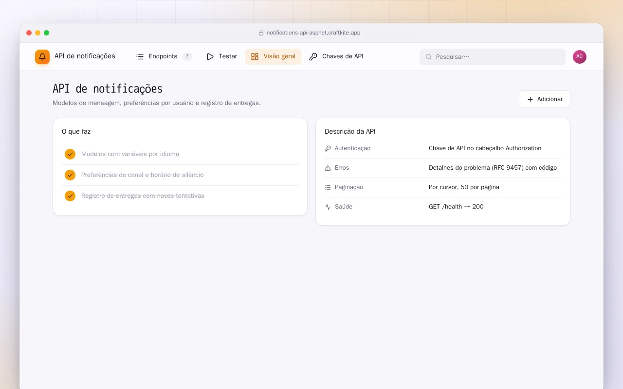 API de notificações (ASP.NET Core): a tela API de notificações