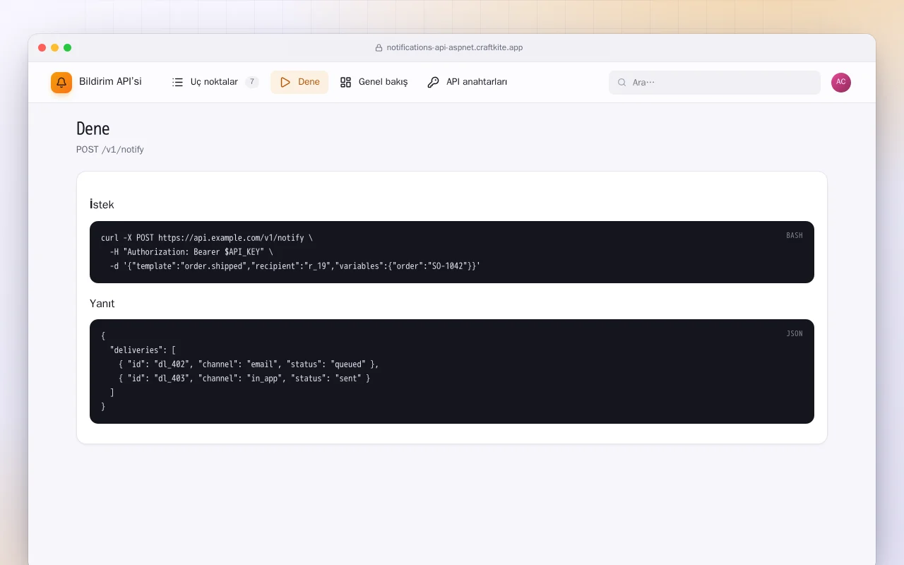 Bildirim API’si (ASP.NET Core): Dene ekranı