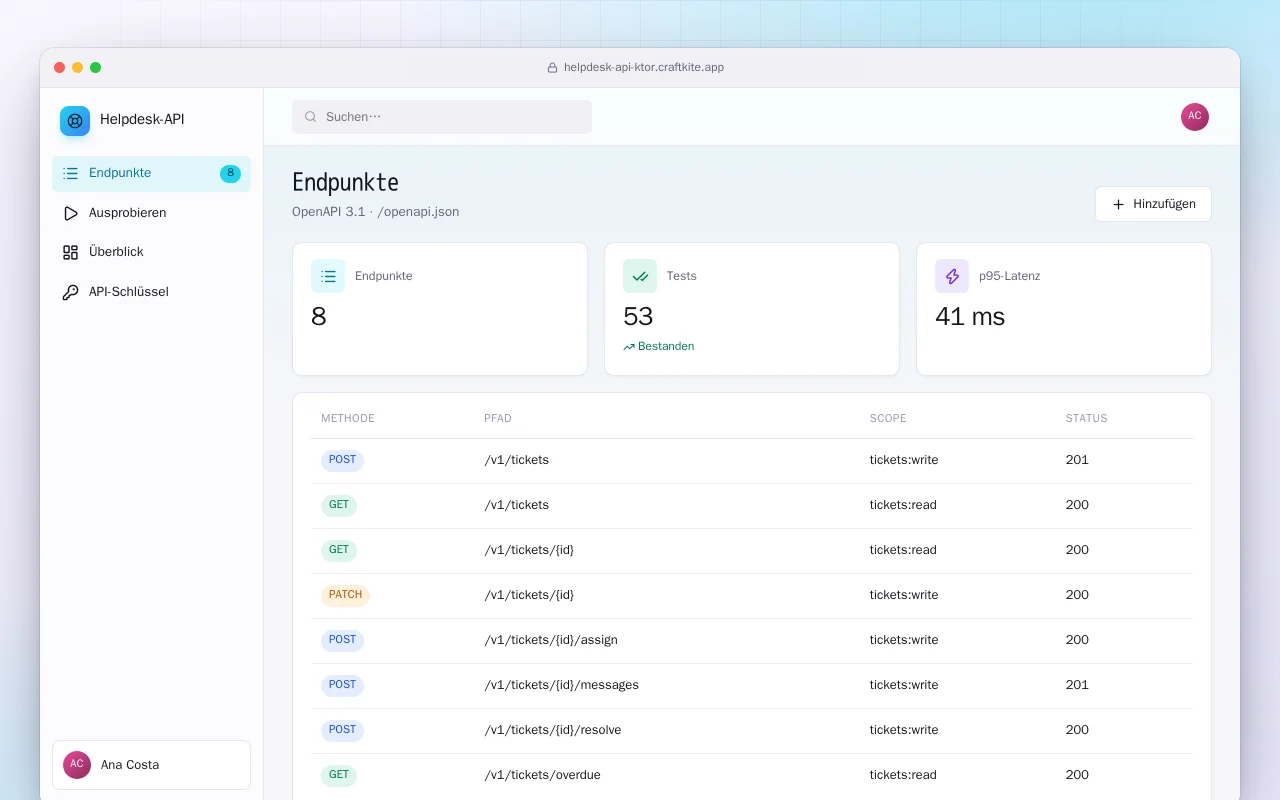 Helpdesk-API (Ktor): der Bildschirm „Endpunkte“