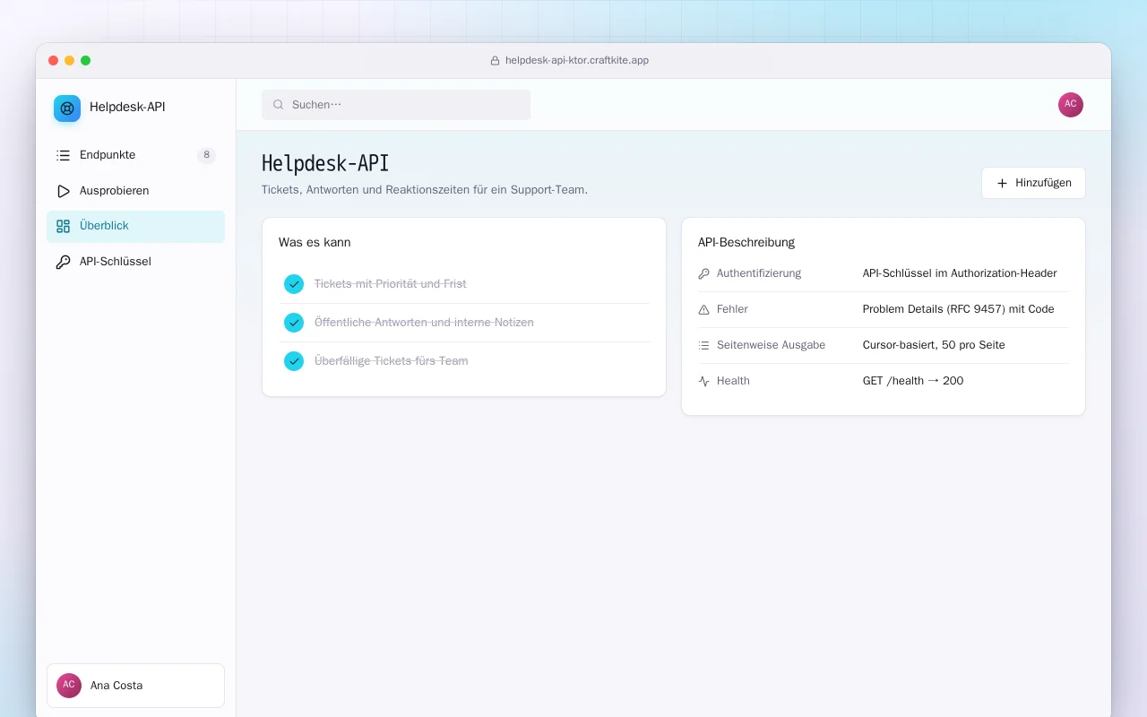 Helpdesk-API (Ktor): der Bildschirm „Helpdesk-API“