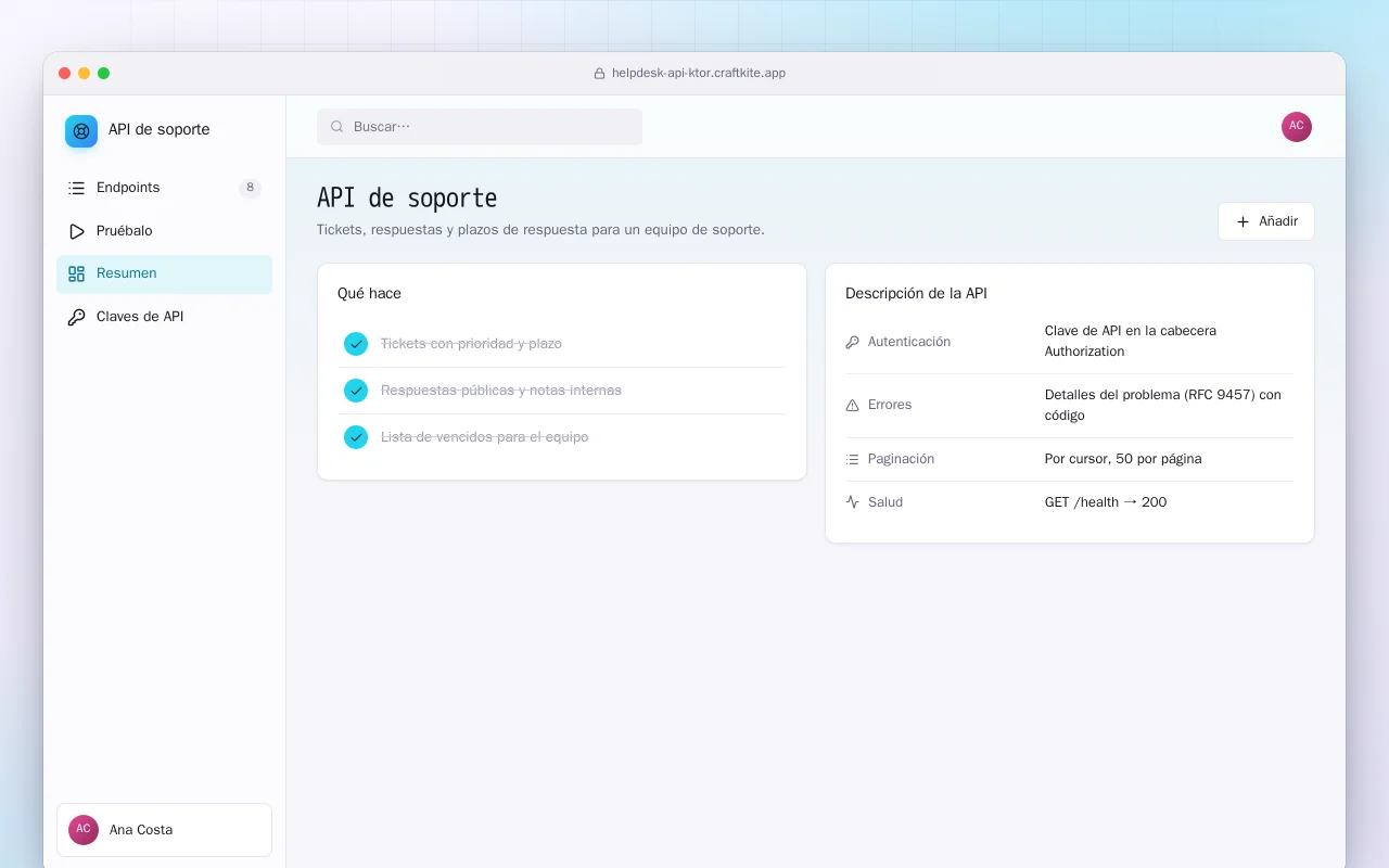API de soporte (Ktor): la pantalla API de soporte