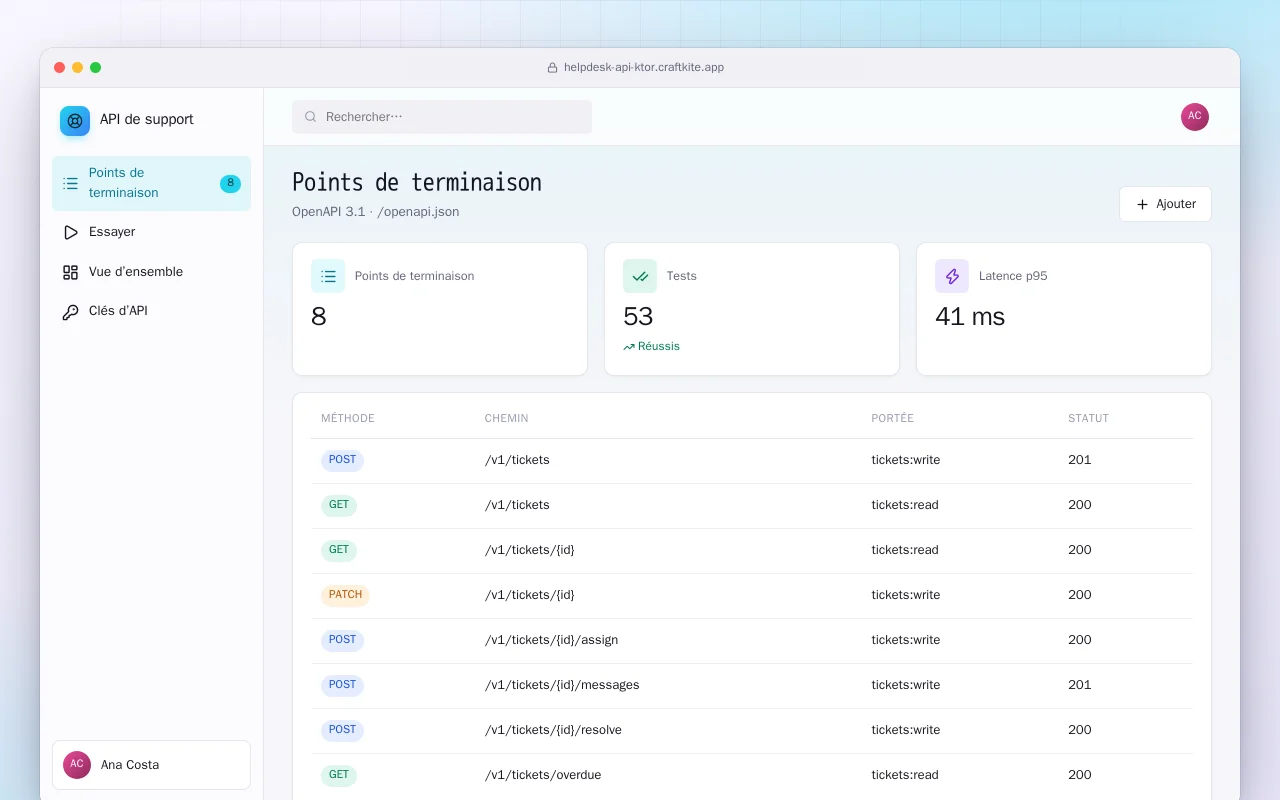 API de support (Ktor) : l’écran Points de terminaison