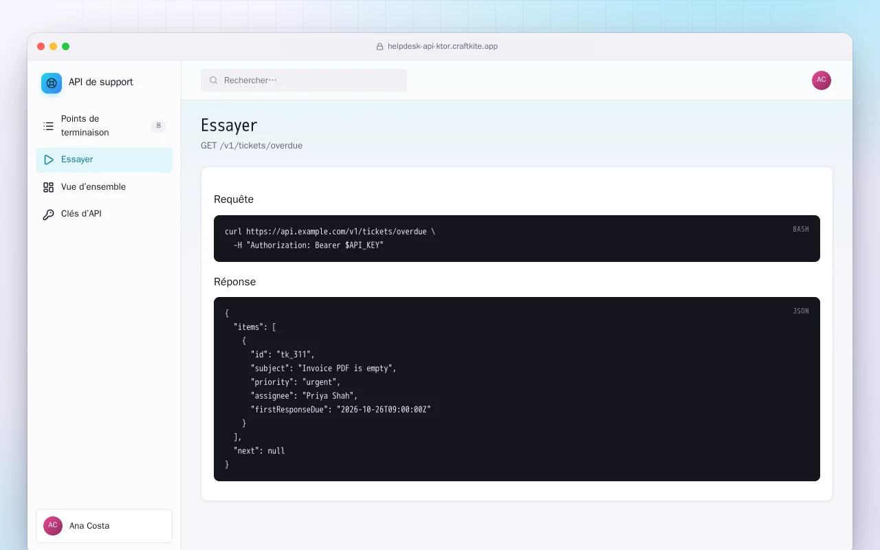 API de support (Ktor) : l’écran Essayer