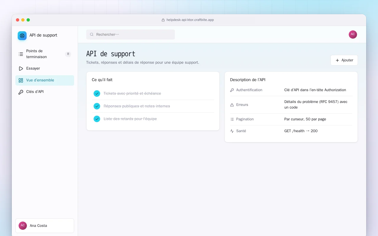API de support (Ktor) : l’écran API de support