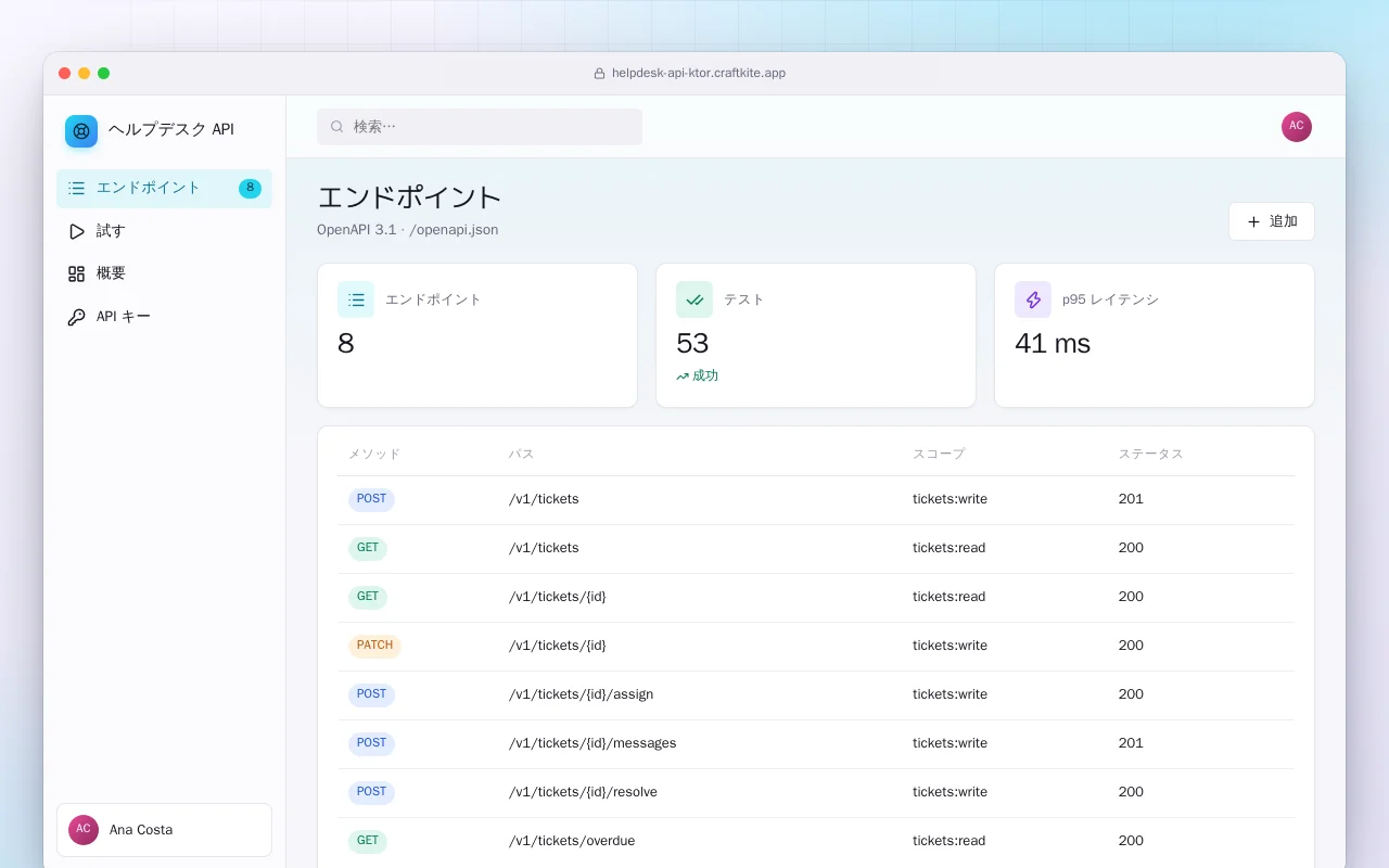 ヘルプデスク API（Ktor）：エンドポイント画面