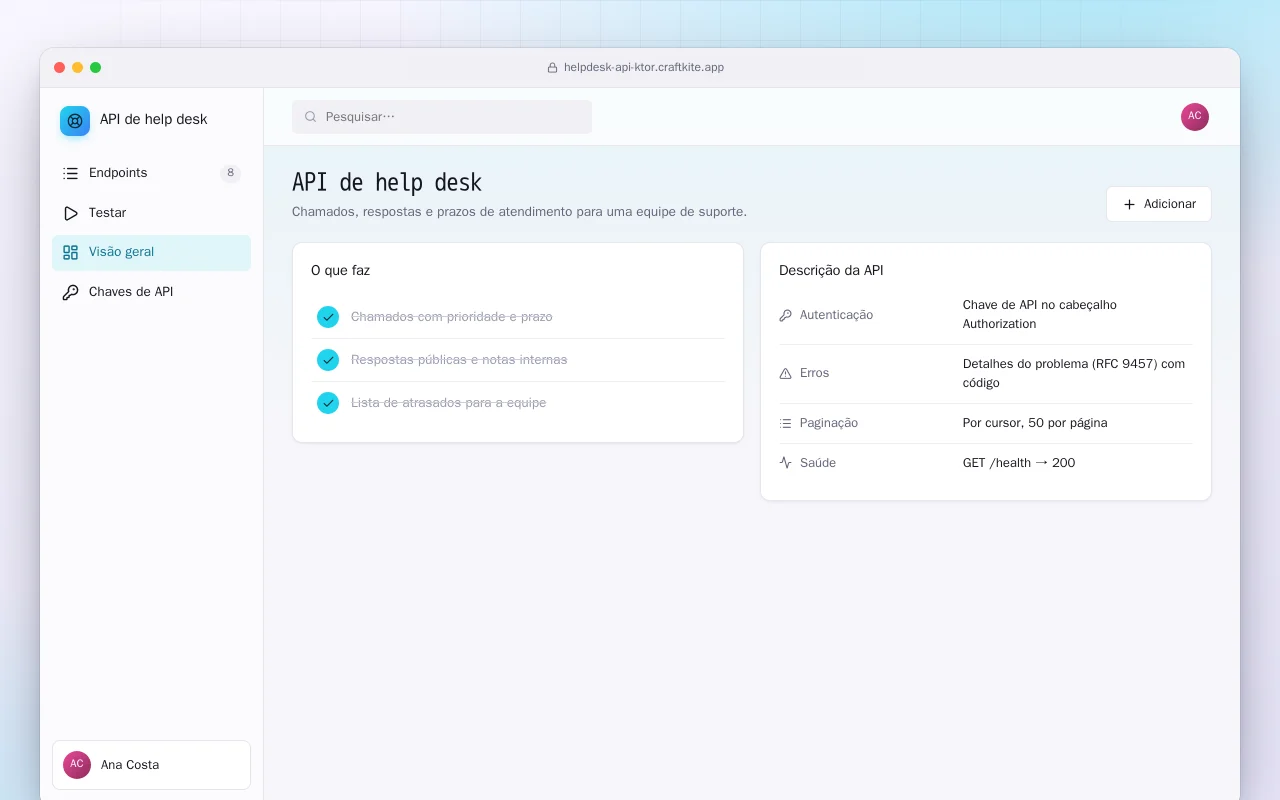 API de help desk (Ktor): a tela API de help desk