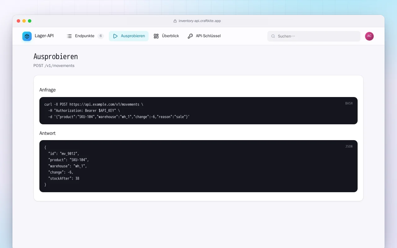 Lager-API: der Bildschirm „Ausprobieren“