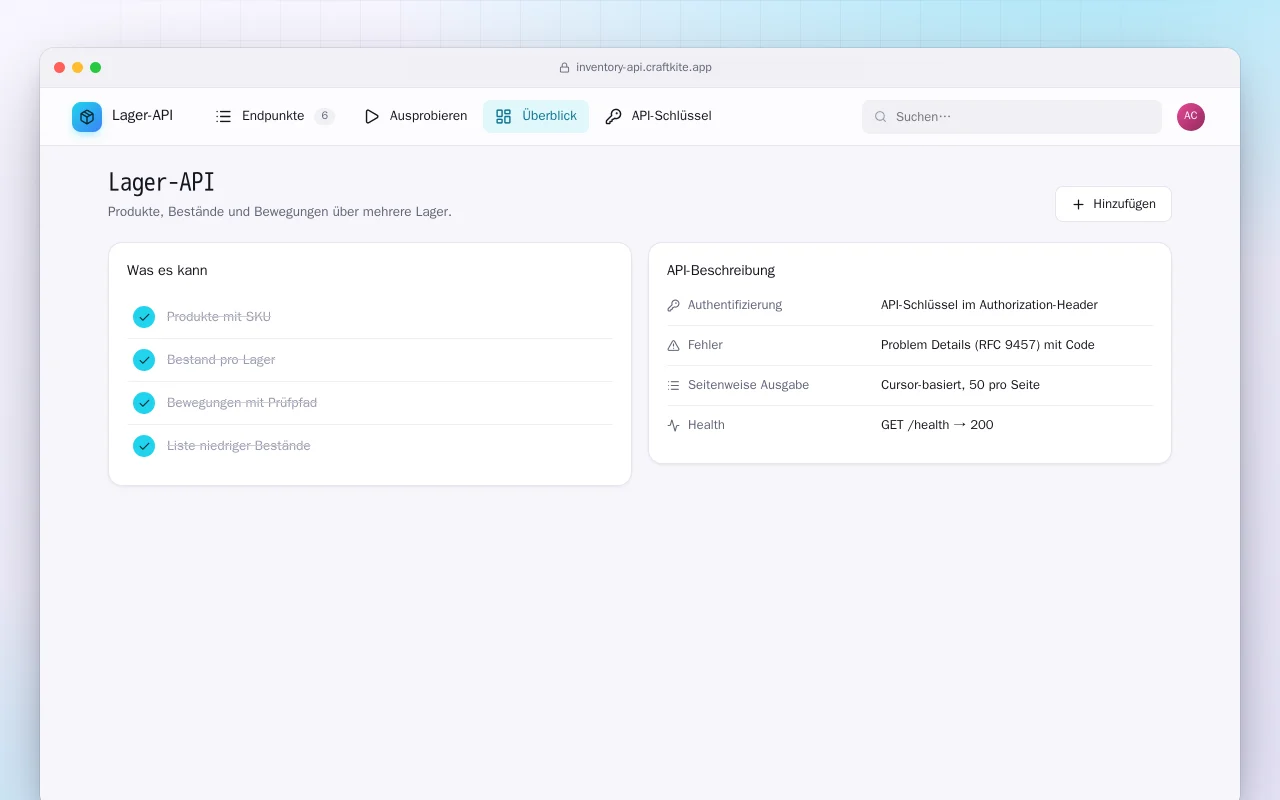Lager-API: der Bildschirm „Lager-API“