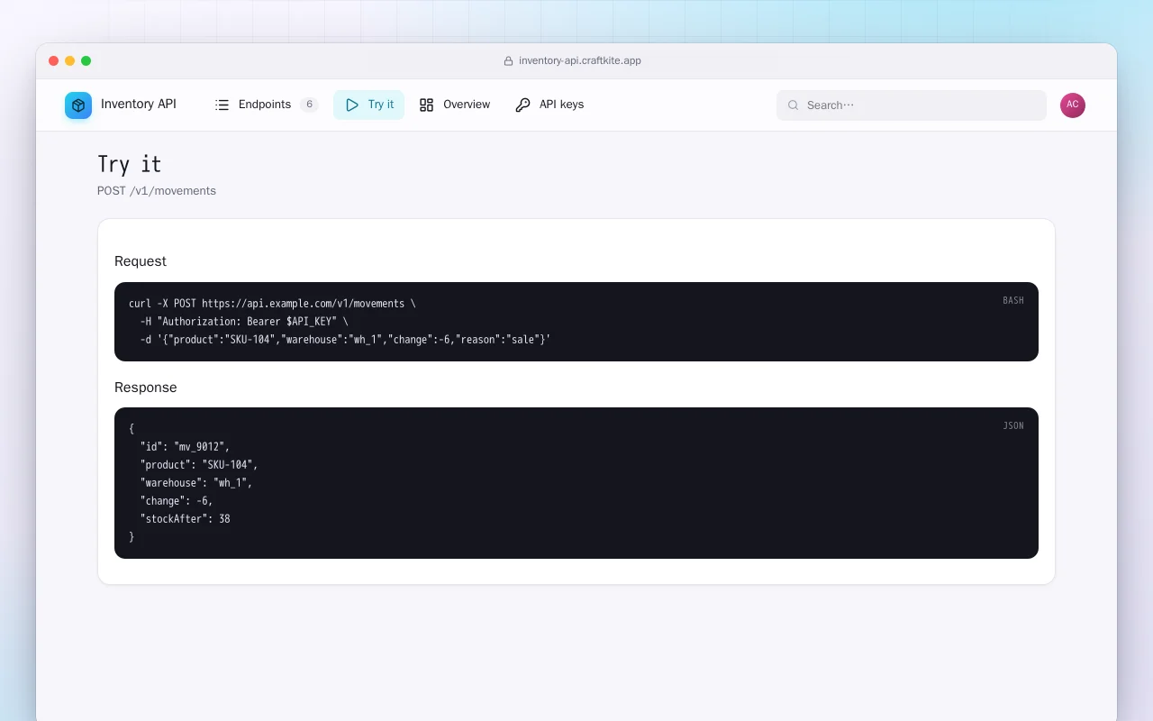 Inventory API: the Try it screen