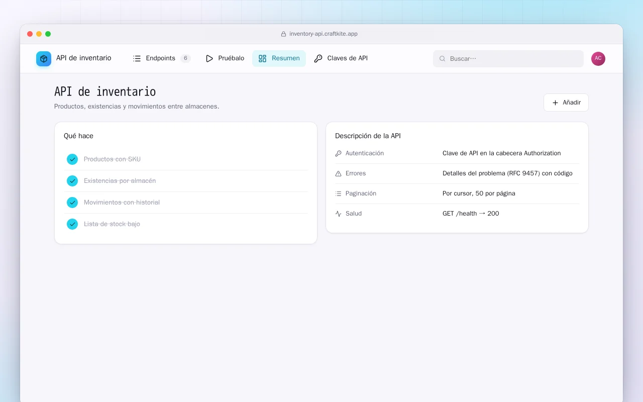 API de inventario: la pantalla API de inventario